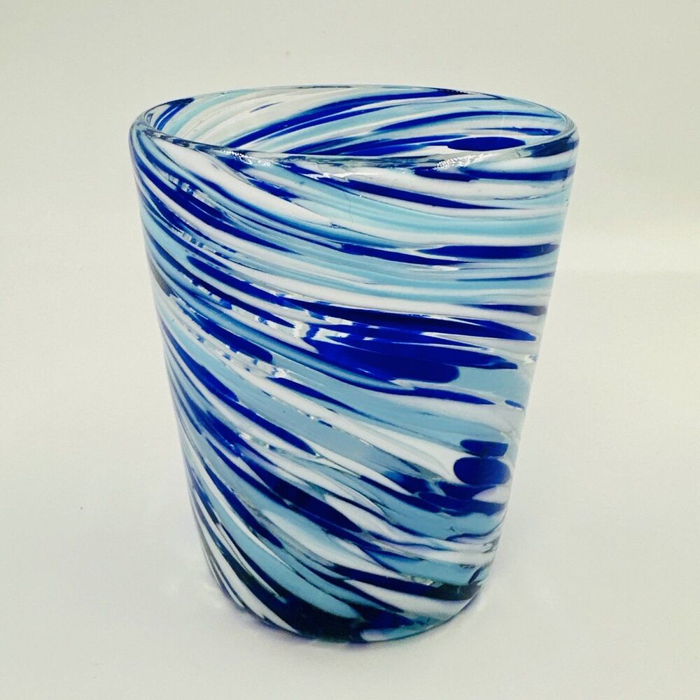 Blue White Aqua Swirl Hand Blown Art Glass Drink Votive Candle Holder Small Vase